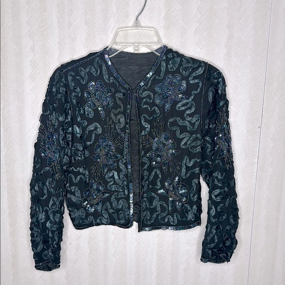 🔥VINTAGE FLORAL EMBOSSED CROPPED SEQUIN CARDIGAN Size small - Picture 2 of 8